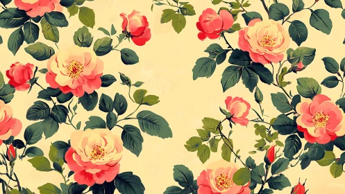 Botanical rose lattice on pale ground with stylized shading.