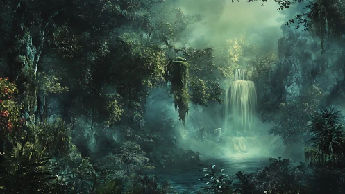 Ethereal Waterfall in Misty Forest Canyon.