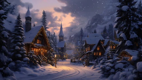 Snow covered village street curves between lit wooden cabins