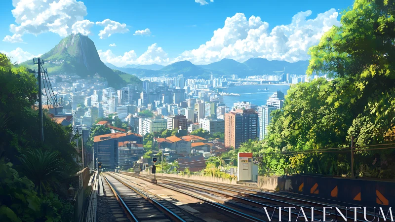 Hillside tram descending toward bright coastal city panorama.