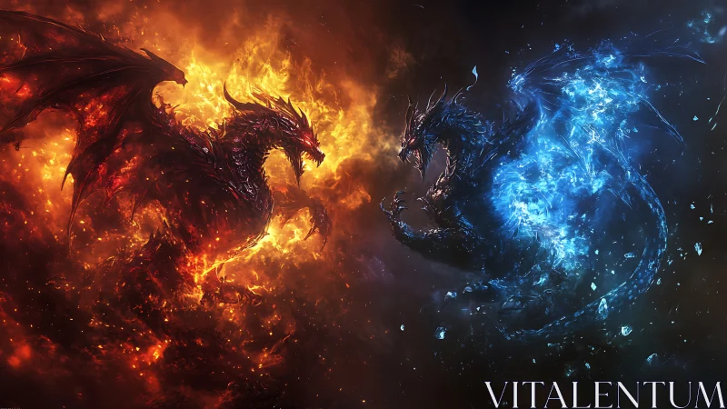 Elemental fire and ice dragons clash in explosive battle.