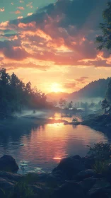 Sunset light reflects over misty forest river valley