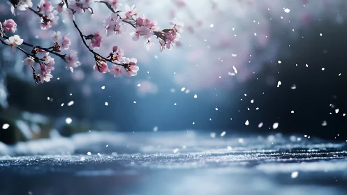 Spring Cherry Blossoms Cascading Through Winter Snow and Rainfall.