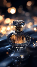 Midnight glass flacon cradles molten gold beneath bokeh stars