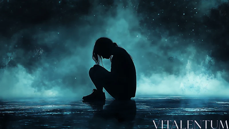 Silhouetted figure kneels in mist, bathed in cold blue silence