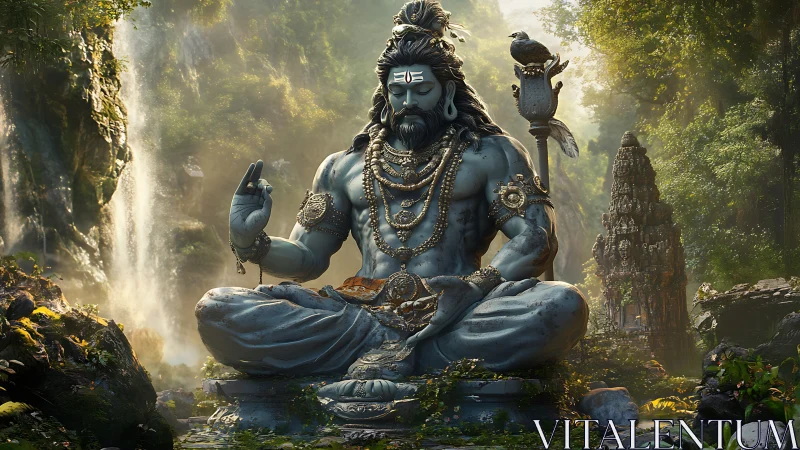 Peaceful forest deity in meditative stillness and soft light.