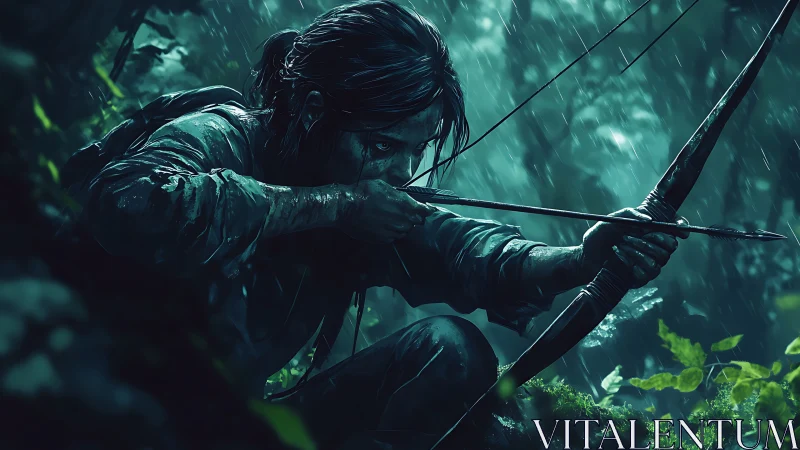 Stealth archer crouched in rain-soaked jungle foliage.