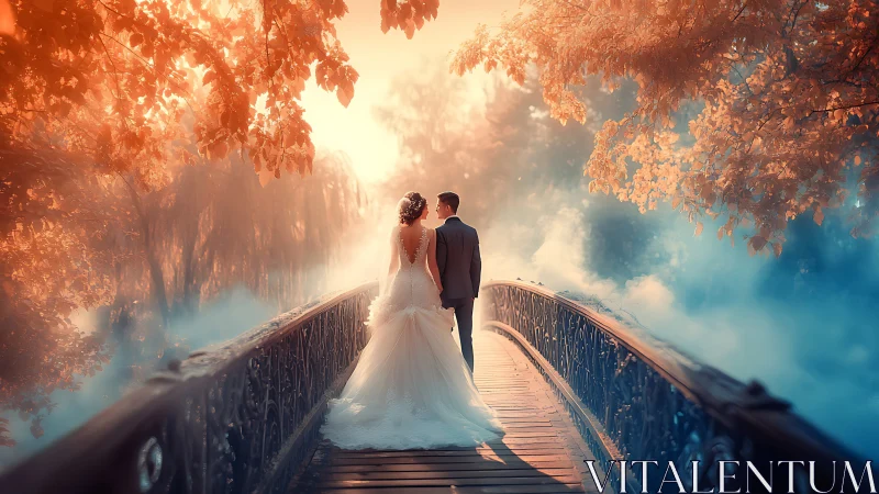 Bride and groom walk across misty autumn bridge at sunset