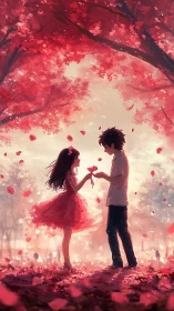 Anime couple stands under red blossoms exchanging flowers
