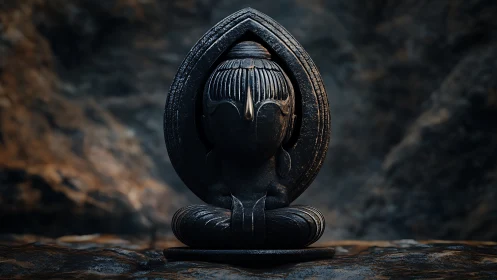 Serene dark stone Buddha statue sits in a meditative glow.