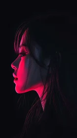 Side profile of woman in red neon light on dark backdrop.