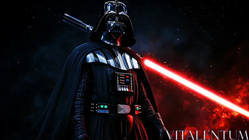 Armored sci‑fi figure with red energy blade in deep space