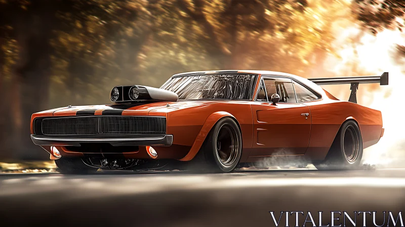 Retro muscle car drifts through autumn light in dynamic motion