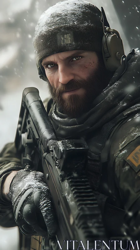 Photorealistic tactical portrait of winter soldier in focus.