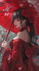 Crimson kimono maiden under red parasol with sakura petals