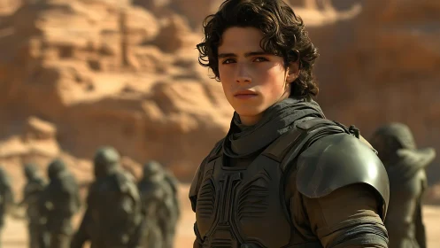 Young desert warrior stands steady in warm golden light.