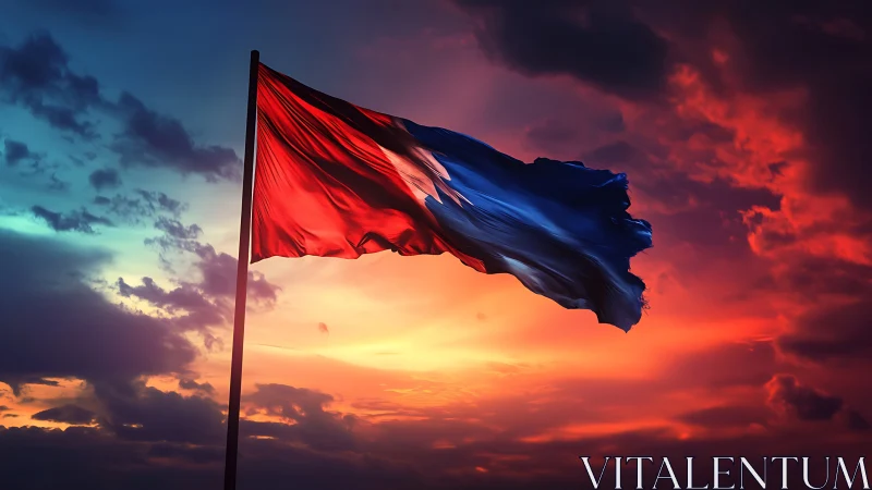 Dramatic tricolor flag rippling against blazing sunset sky.