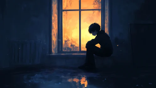 Backlit silhouette of pensive youth at incendiary windowscape.