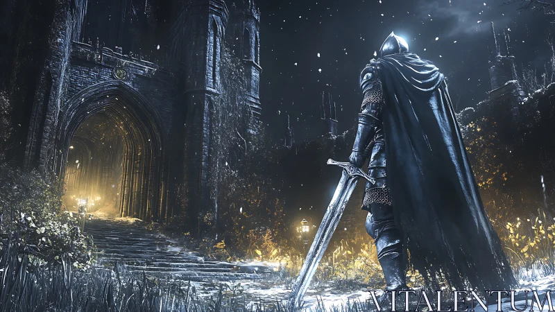 Armored knight approaches looming gothic castle at night.