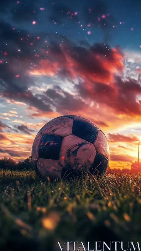 Worn soccer ball resting on grass under vivid sunset sky.