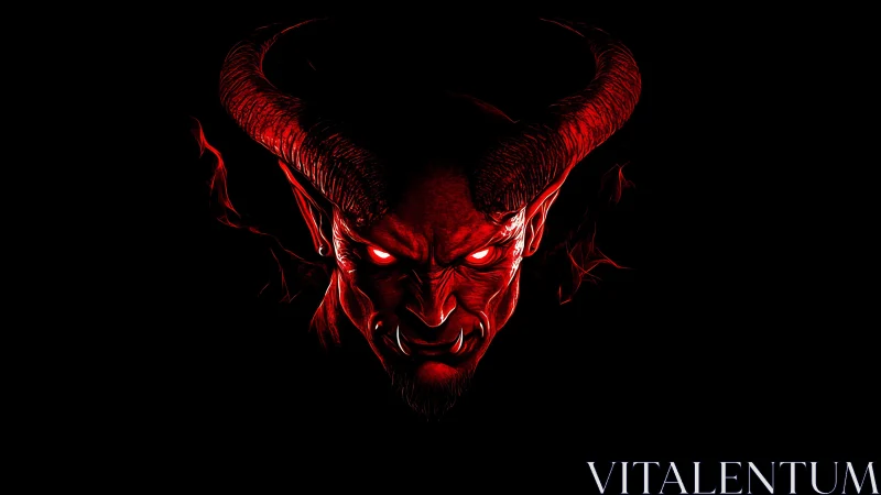Demonic horned visage in red light over black void.
