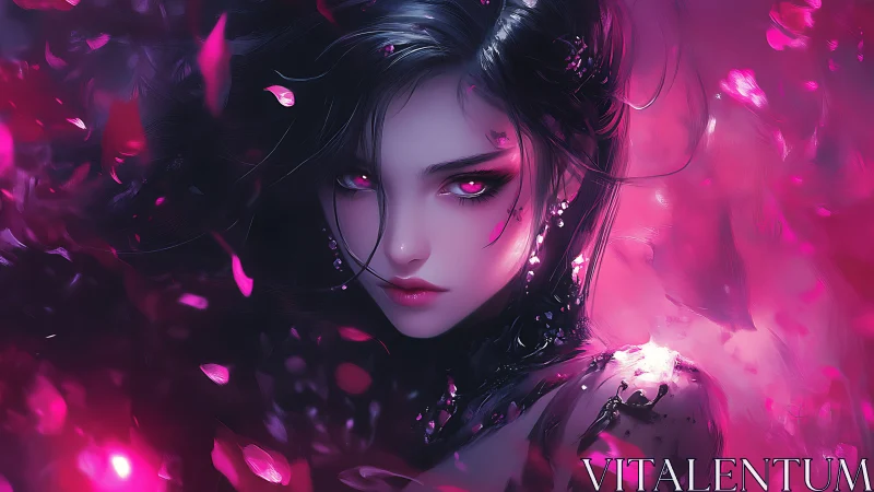 Luminescent anime sorceress framed by swirling magenta petals