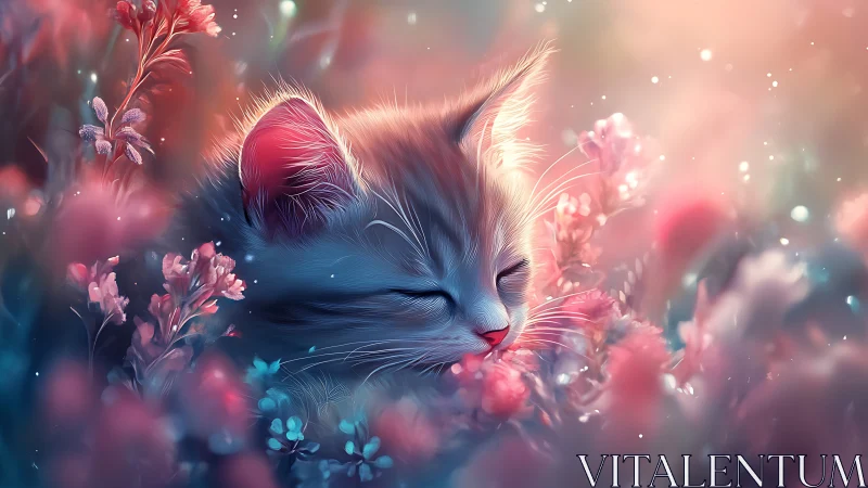 Felid Portrait with Chromatic Gradient and Botanical Bokeh Overlay.