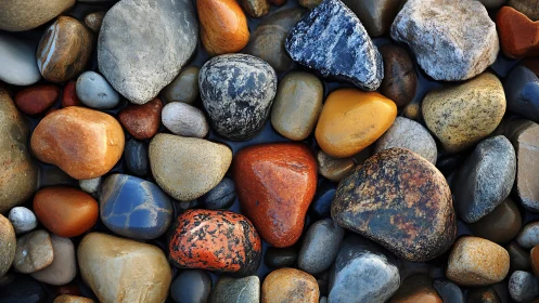 Wet multicolored river stones form dense textured surface