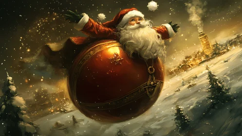 Joyful Santa sails on a glowing ornament over snowy town