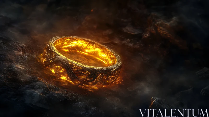 Luminous Golden Ring on Dark Stone Surface with Radiant Glow.