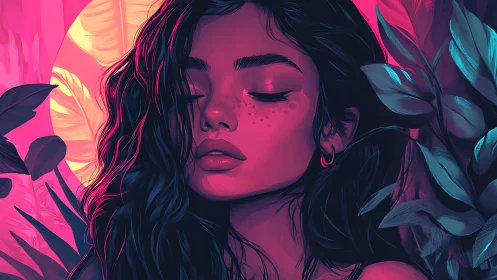 Moonlit botanicals cradle a neon dreamer in soft silence