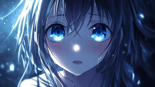 Blue eyed girl under rain with luminous wet highlights.