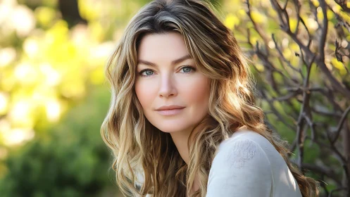 Sunlit portrait of serene woman in soft garden bokeh.