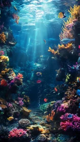 Sunlit coral reef welcomes colorful fish in tranquil waters