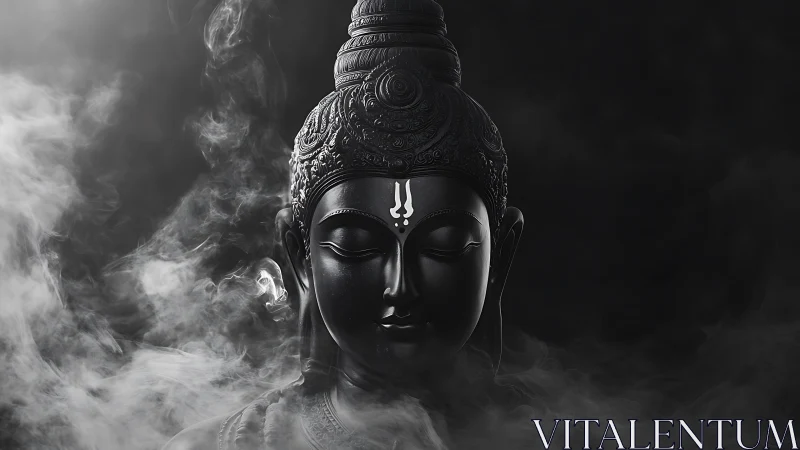 Serene black Buddha statue surrounded by dreamy swirling mist.