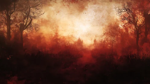 Burning red forest path under dense smoky sky at dusk.