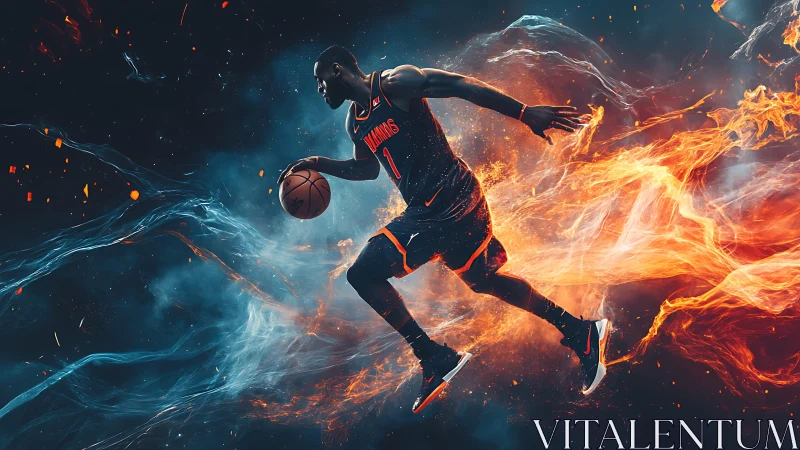 Kinetic basketball dribble framed by elemental flame vectors.