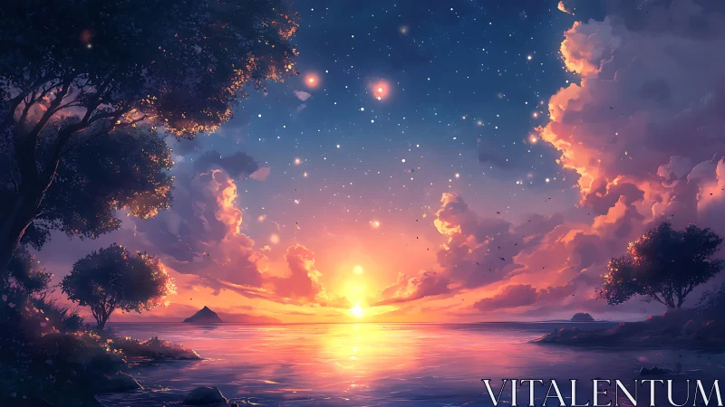 Glowing fantasy sunset welcomes calm skies and gentle sea