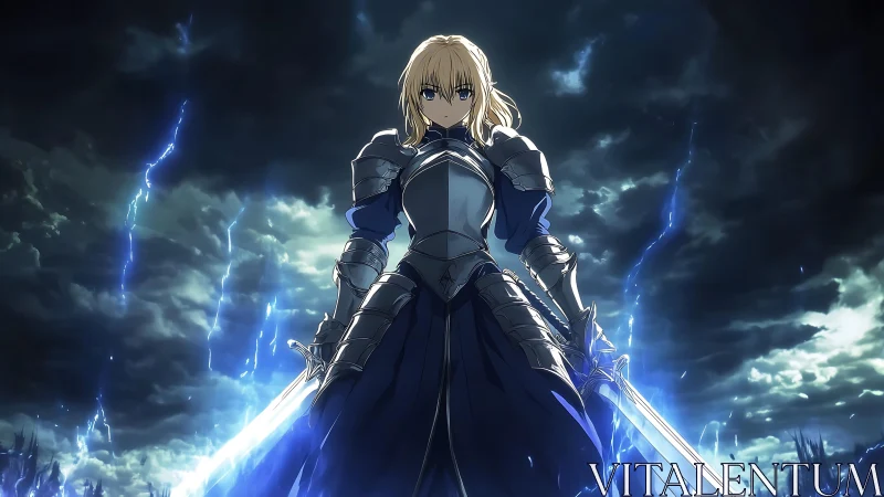 Armored anime knight wielding twin swords under storm sky.