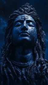 Monochrome blue close-up of large Shiva-inspired stone head