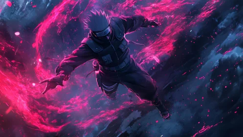 Masked ninja charges through neon vortex in storm sky.