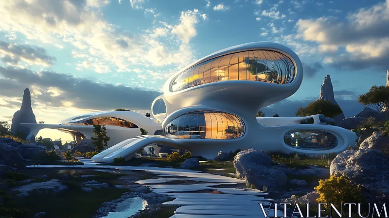 Futuristic Shell Architecture Residence Against Sculptural Landscape.