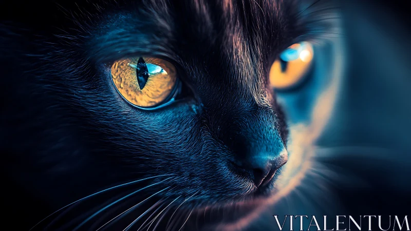 Black Cat with Golden Eyes in Dramatic Blue Light.