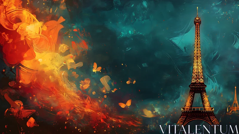 Eiffel Tower silhouette with abstract orange teal background.