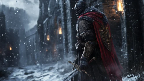 Armored winter sentry with gilded sword before burning battlements.