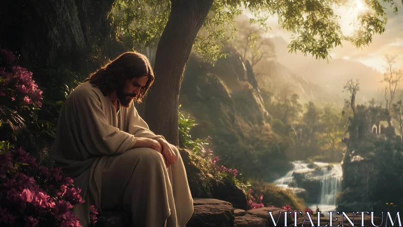 Solitary robed figure seated by tree in sunlit valley.