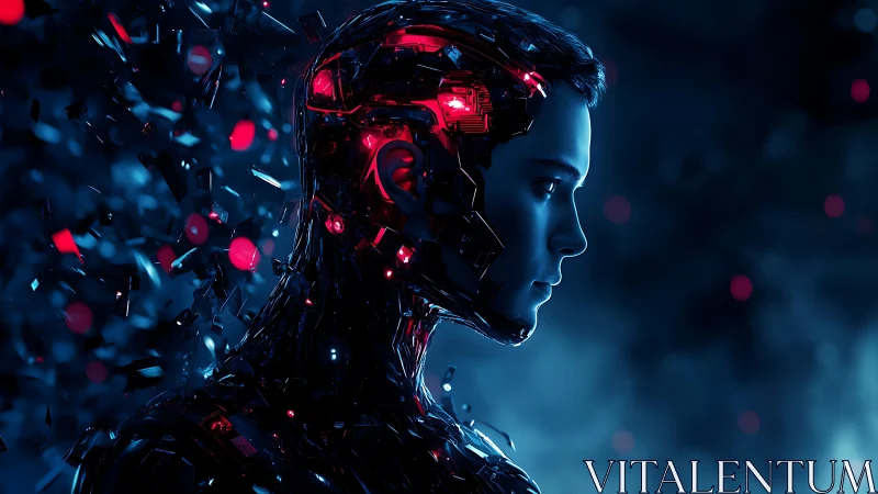Cybernetic profile glows with red circuits in dark void.