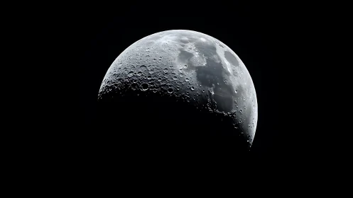 Crescent moon close-up revealing cratered lunar surface.