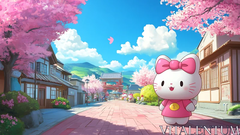 Pink blossom stroll with a cheerful kitty friend.