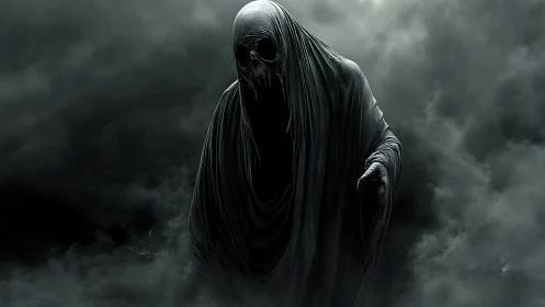 Shrouded wraith emerging from swirling storm fog banks.
